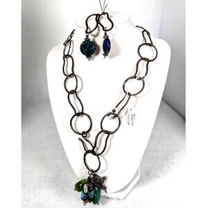 Vtge Upsycled necklace + earrings  Venetian glass jade + cryscolla chain 21"
